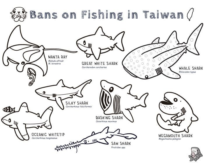 A coloring page of fishes that are banned from fishing in Taiwan